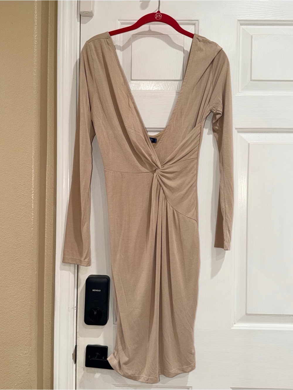 Twist-Front Long Sleeve Dress in Beige